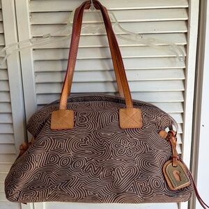 Dooney & Bourke Brown Patterned Shoulder Bag with Tan Straps